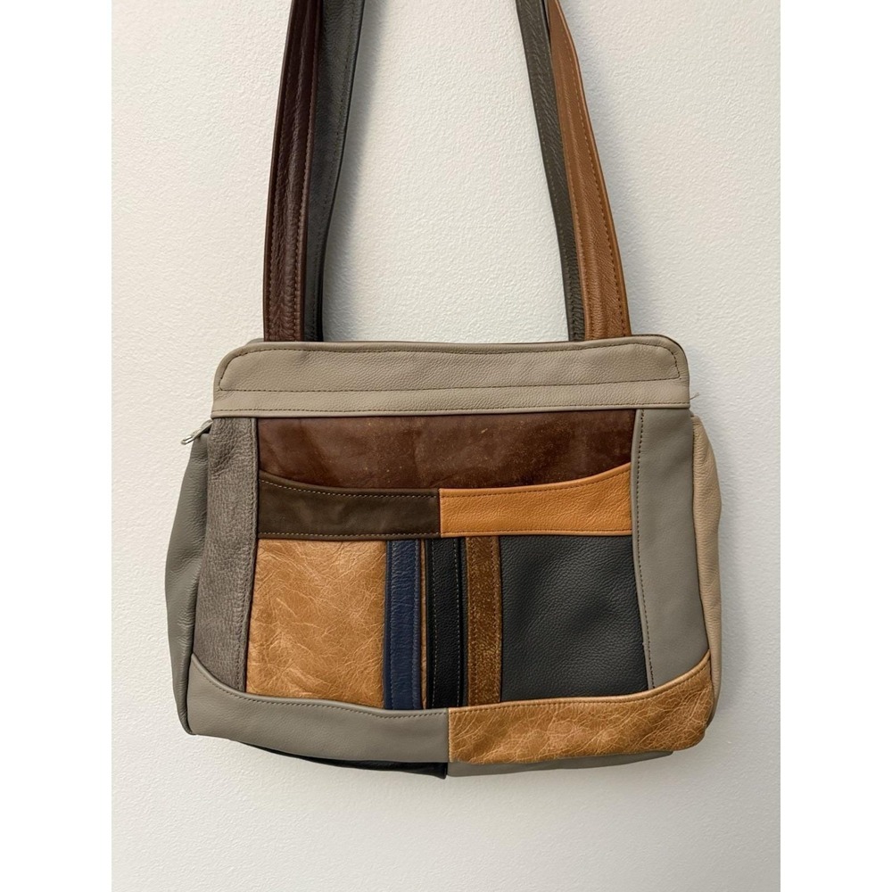 Vintage Patchwork Genuine Real Leather Boho 13" Shoulder Bag Neutral Purse Zip